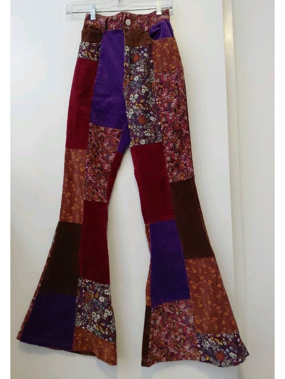 Tunnel Vision Patchwork Corduroy Flare Pants High Waist XS Brown Burgundy Purple